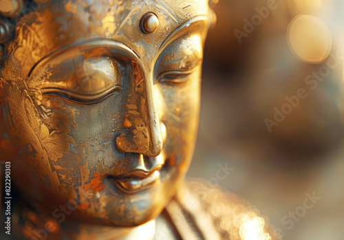 A closeup of the golden Buddha statue head