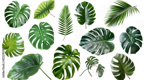 Collection of green leaves of tropical plant bush  monstera  palm  rubber plant  fern 