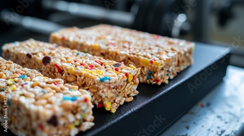 Colorful cereal bars creatively displayed on gym weights  focusing on a fitness-friendly snack option.