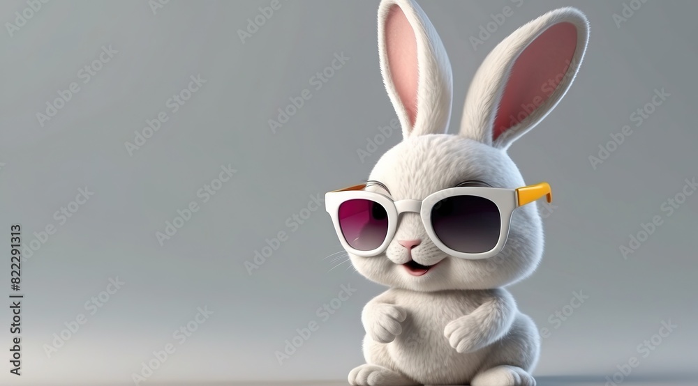 A cheerful bunny with large sunglasses, white background, 3d rendering funny illustrated animal