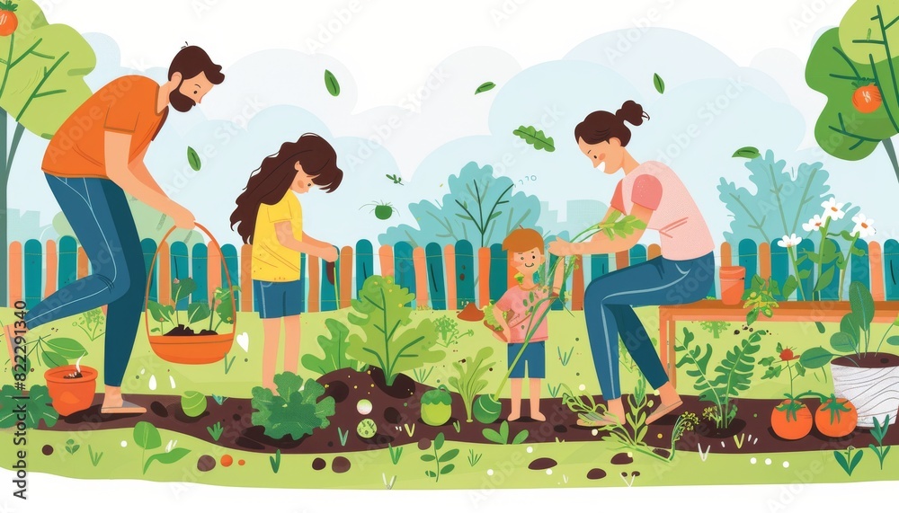 Naklejka premium Organic Family Garden: Sustainable Living and Composting Among Vibrant Greenery