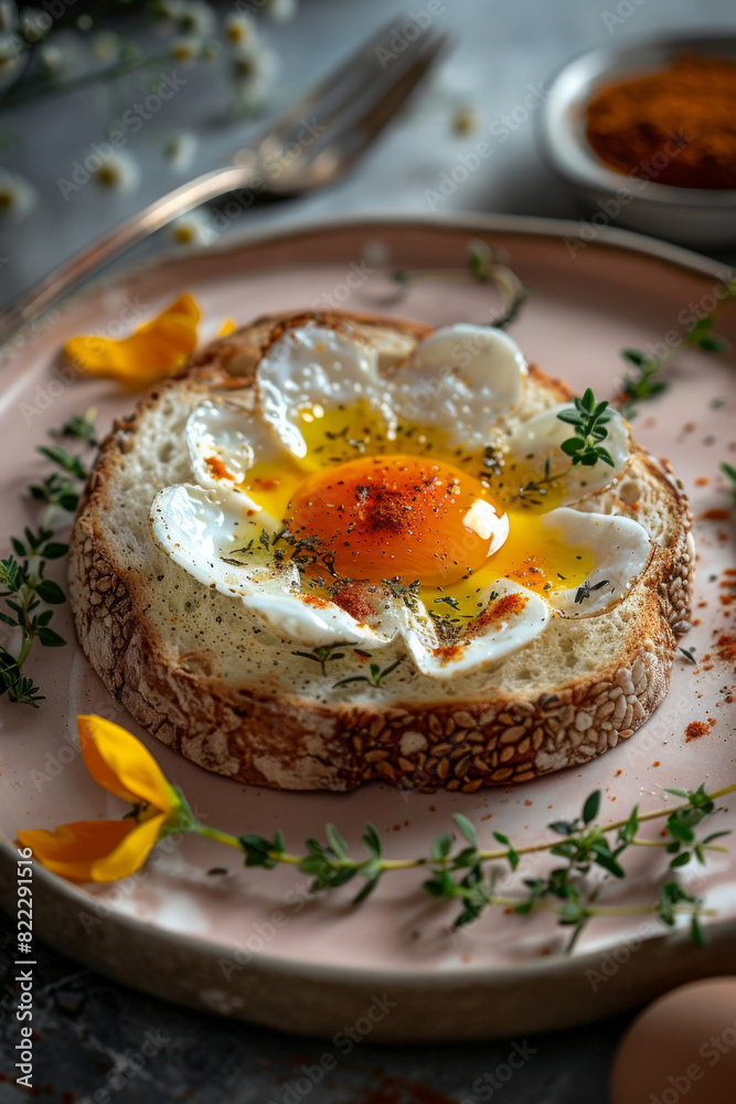 Rustic Poached Egg on Toast with Fresh Herbs and Flowers for a Cozy Breakfast