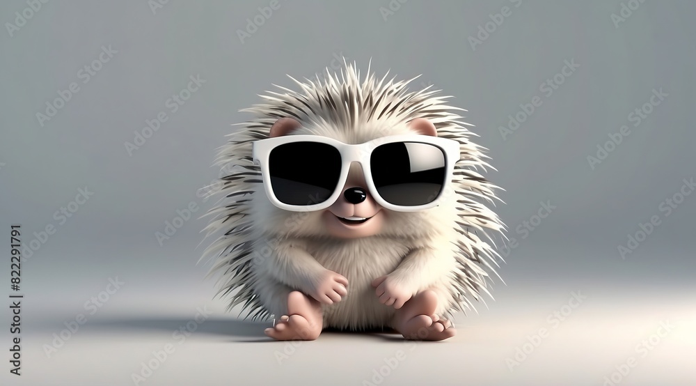 A cheerful hedgehog with large sunglasses, white background, 3d rendering funny illustrated animal A cheerful hedgehog with large sunglasses, white background, 3d rendering funny illustrated animal