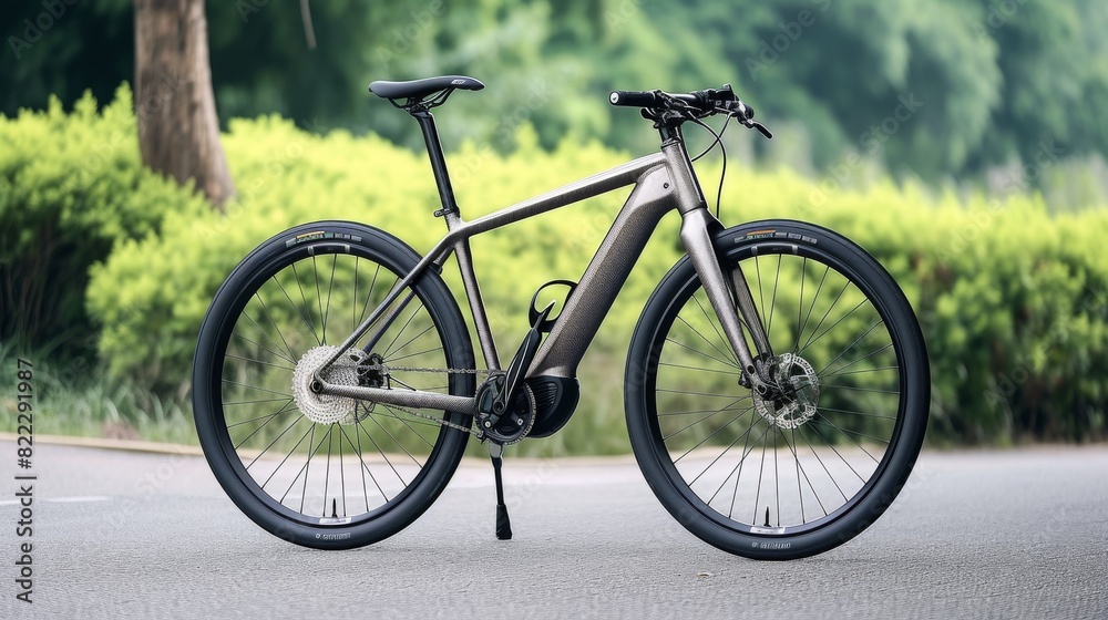 A sleek modern electric bicycle parked on a suburban road, showcasing a minimalist design with a matte finish, perfect for urban commuting.