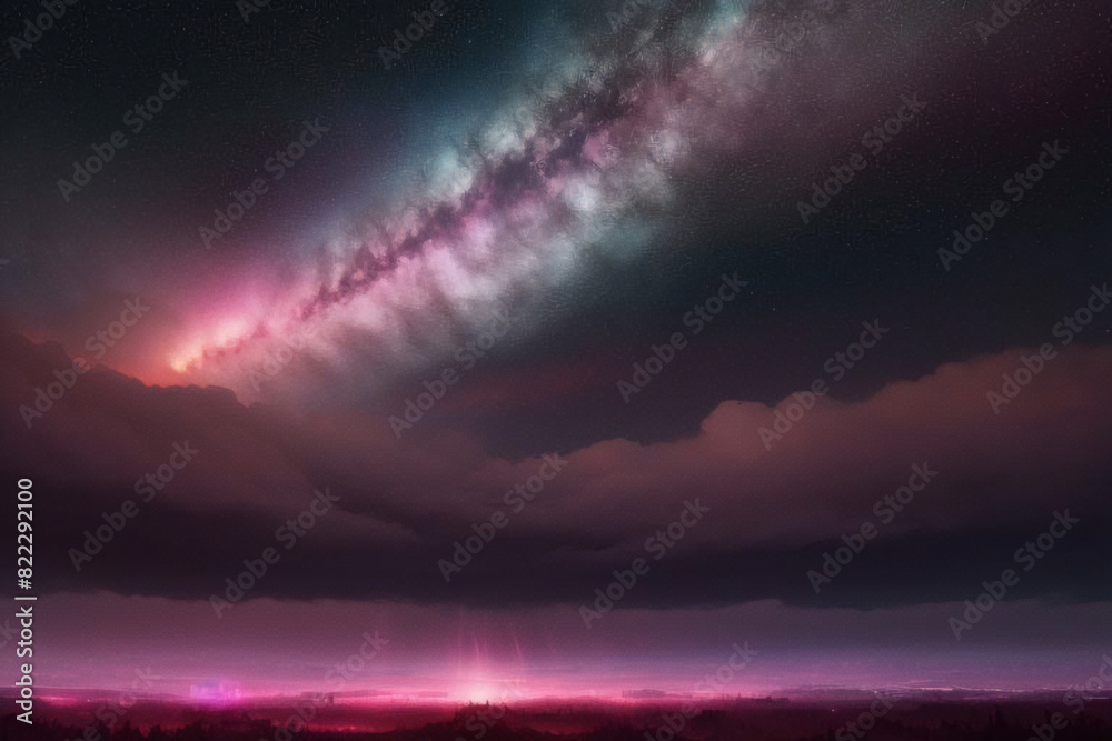 Fototapeta premium Rainbow unicorn pastel background with glitter stars. Pink fantasy sky. Holographic space with bokeh. Fairy iridescent gradient backdrop. Vector 