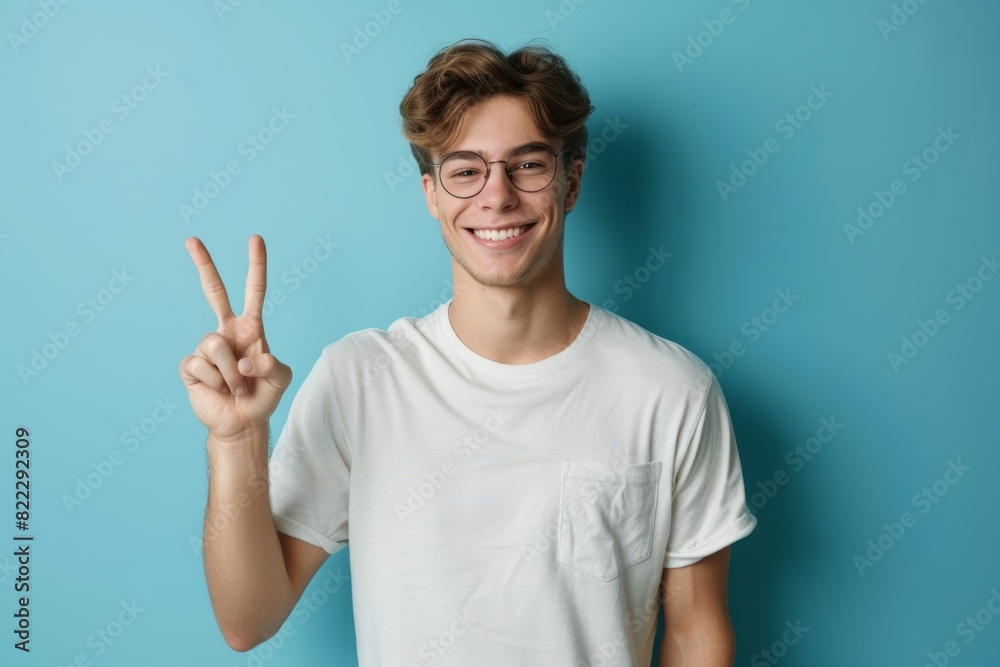 Blue background, portrait, guy and peace fingers in studio for hope, self-love, and icon. Face of joyful Asian guy model, v sign, hands for triumph, good mood, and freedom emoji. Blue background, portrait, guy and peace fingers in studio for hope, self-love, and icon. Face of joyful Asian guy model, v sign, hands for triumph, good mood, and freedom emoji.