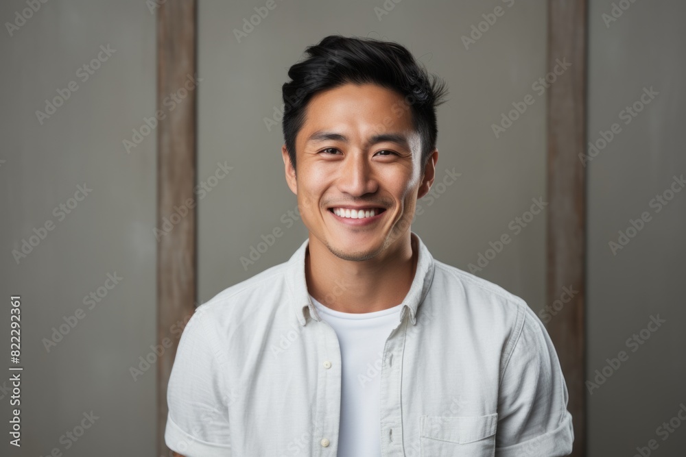 Obraz premium Portrait of a smiling asian man in his 20s smiling at the camera over light wood minimalistic setup