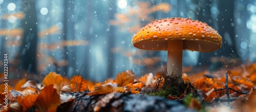 A red and white fly agaric mushroom stands alone amidst the moss and fallen branches of a forest floor. with copy space photo