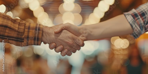 Businesspeople shaking hands, job interview, HR meeting, or partnership or opportunity. Bokeh professional clients handshake for recruitment, HR hiring, and introduction. photo