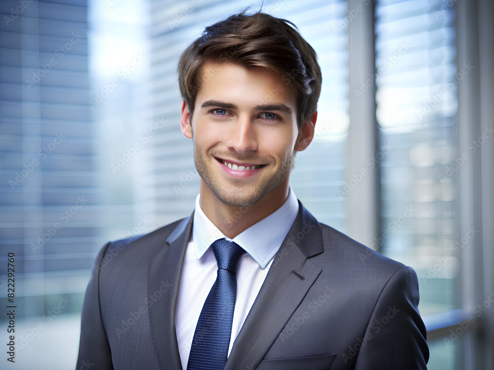 Young businessman wearing eyeglasses, jacket and shirt, looking at camera with happy confident smile Young businessman wearing eyeglasses, jacket and shirt, looking at camera with happy confident smile