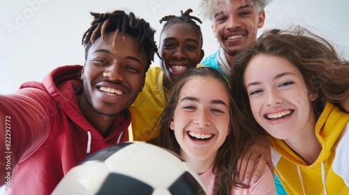 Friendly selfie and portrait of buddies with soccer ball after training for a match. Diversity, happiness, and squad smiling while taking a game practice picture with sports balls photo