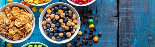 Bowls of cereal and candy on a table, sugary food background 