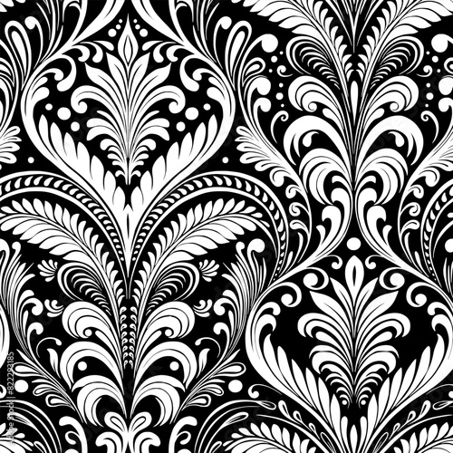 Traditional Vintage Elegant Modern Damask Petals Seamless Black and White Vector Pattern