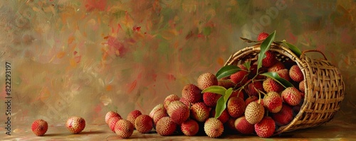 Lychees spilling out of a basket, side view, capturing the abundance and richness, advanced tone, Triadic Color Scheme photo
