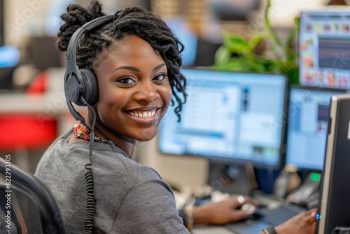 Portrait of woman with headset, mockup laptop, or online call center, help desk, or customer service. Telemarketing consultant, employee, or worker smiles and works on computer copy space.