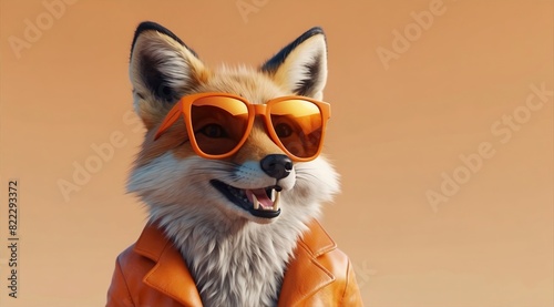 A cheerful fox with large sunglasses, orange background, 3d rendering funny illustrated animal