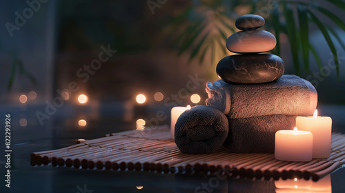 Spa Concept - Massage Stones With Towels And Candles In Natural Background photo