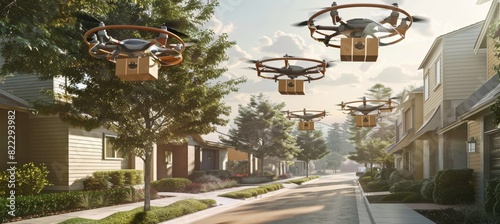 Future of Last Mile Delivery Solutions: Drones Delivering Packages in Suburban Neighborhood - Design for Print, Card, Poster. photo