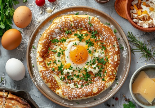 Homemade buckwheat crepes, known as galettes bretonnes, topped with cheese and a fried egg, set against a gray background, showcasing traditional French cuisine.