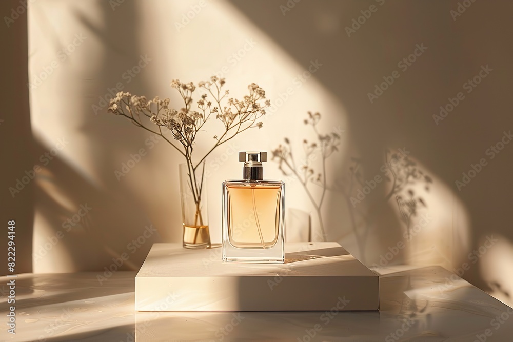 The exquisite mock-up of a perfume bottle set on a pedestal for promotional purposes with copy space and a brown backdrop, Generative AI. The exquisite mock-up of a perfume bottle set on a pedestal for promotional purposes with copy space and a brown backdrop, Generative AI.