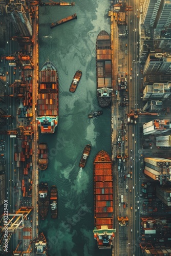 Aerial Vertical Design of Bustling City Port with Cargo Ships and Cranes for Dynamic Mobile Background