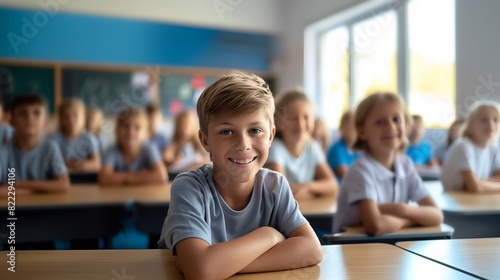 Happy primary school students in the classroom