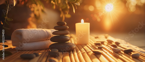 Spa Concept - Massage Stones With Towels And Candles In Natural Background photo