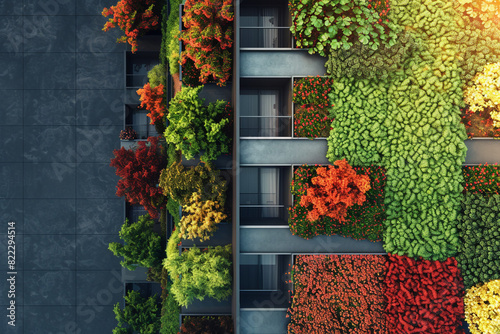 Aerial view of a modern residential tower with a sedum roof, featuring a gradient of green to red plants, photo