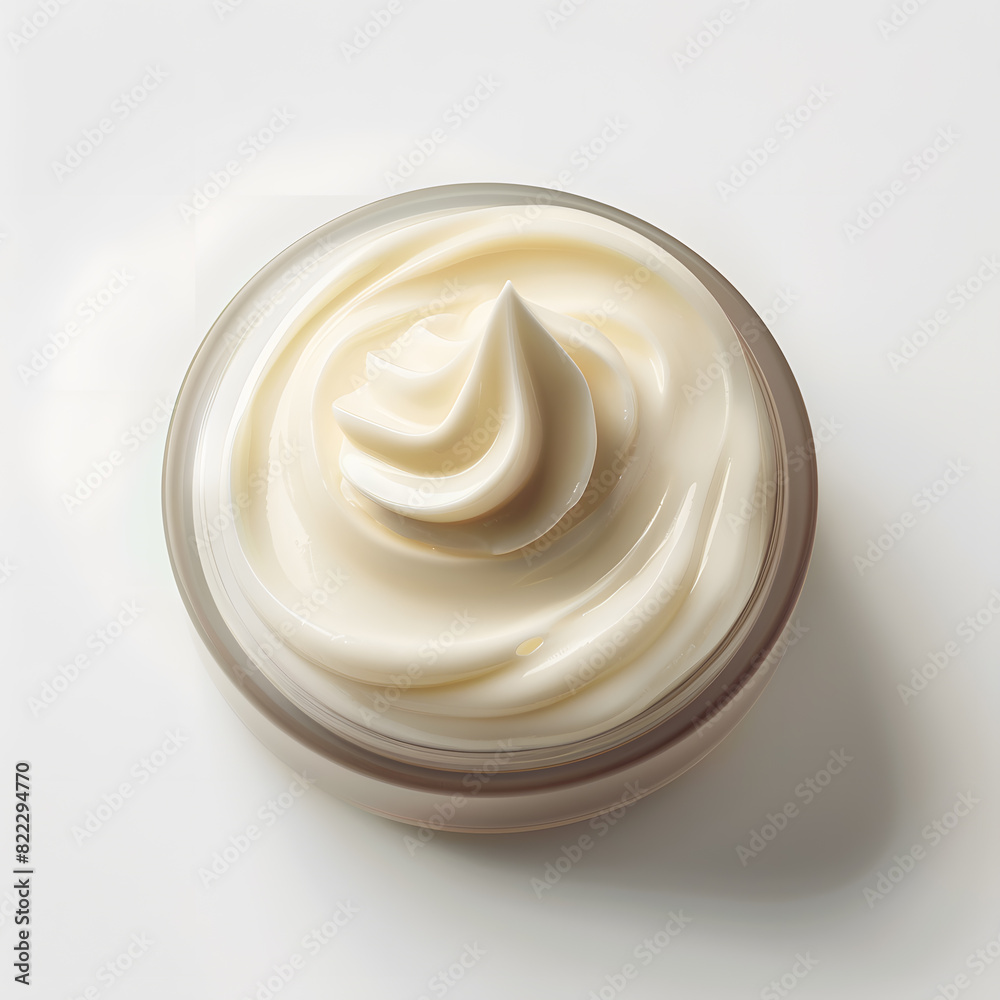 Opened cosmetic swirl cream jar top view isolated on white background Opened cosmetic swirl cream jar top view isolated on white background