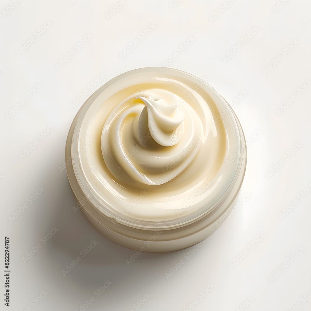 Opened cosmetic swirl cream jar top view isolated on white background Opened cosmetic swirl cream jar top view isolated on white background