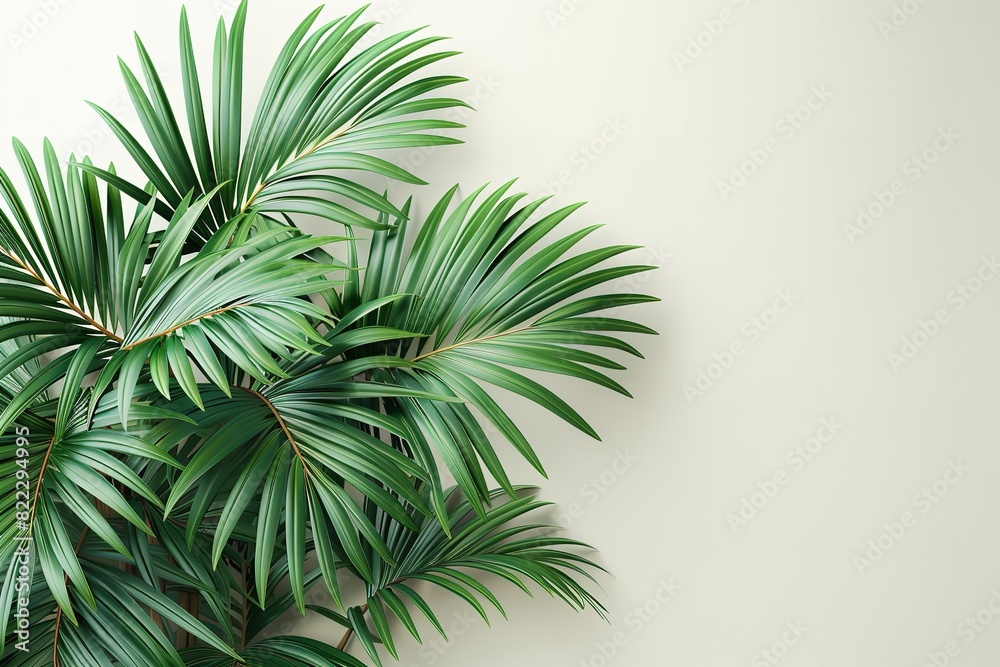 Tropical palm fronds arranged as a banner poster on a white wall's corner with a large copy space serving as the background for text, Generative AI. Tropical palm fronds arranged as a banner poster on a white wall's corner with a large copy space serving as the background for text, Generative AI.