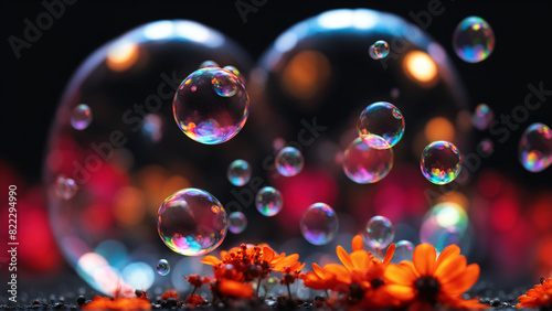 Coccinelles dans un champs de bulles de savon en gros et en petit plans photo