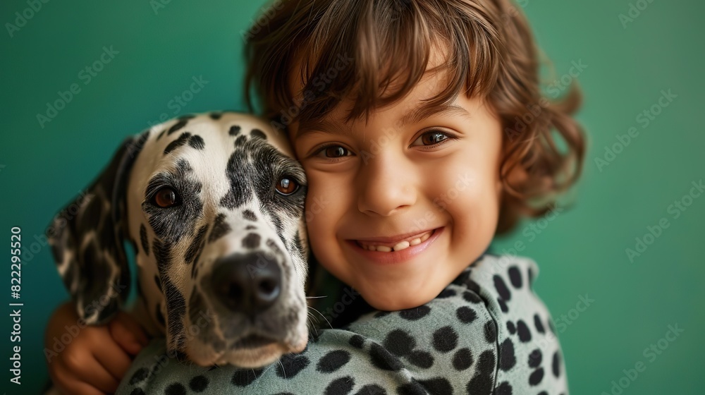 Cute close up portrait of cheerful child and his Dalmatian pet on vibrant background