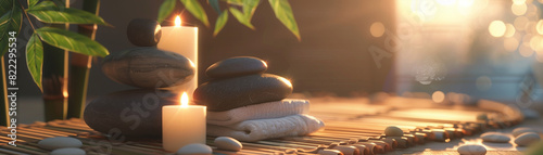 Spa Concept - Massage Stones With Towels And Candles In Natural Background photo