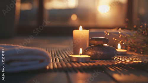 Spa Concept - Massage Stones With Towels And Candles In Natural Background