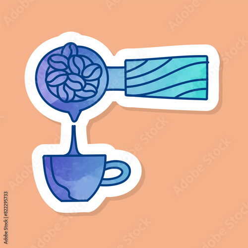 Coffee machine portafilter pouring liquid into cup color sticker