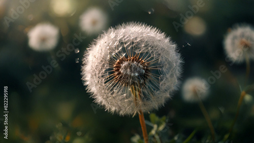 Dreamy  blurred nature background featuring delicate dandelion seeds floating. Soft bokeh effects create a serene and abstract natural pattern