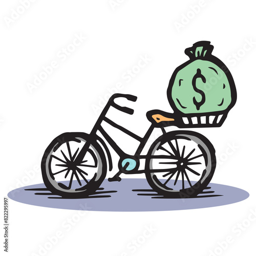 Bicycle carrying money bag. Bike hauling green package with dollar sign money symbol. Graphic image art design illustration save money, gas, collecting cans, recycle the metal, save the earth