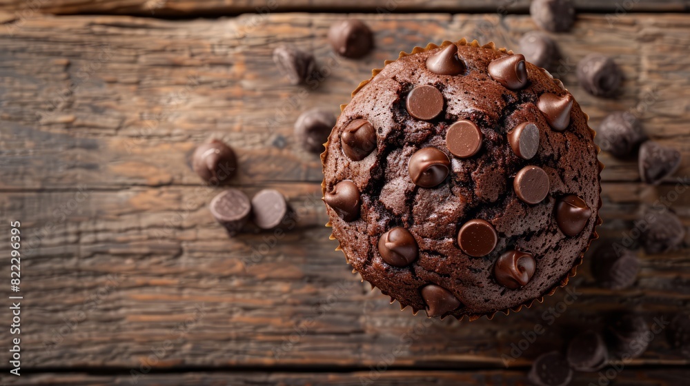 A chocolate muffin with chocolate chips on top of a wooden table A chocolate muffin with chocolate chips on top of a wooden table