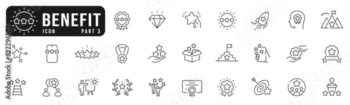 Benefit line icon set 3. Reward, bonus, loyalty, star, winner, award etc. Editable stroke