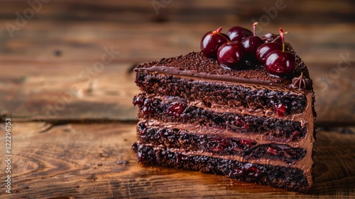 A slice of chocolate cake with cherries on top photo