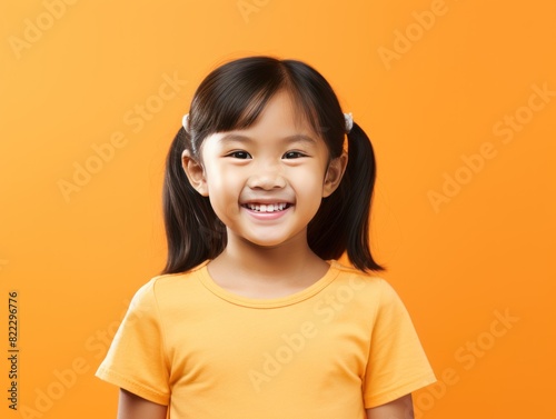 Orange background Happy Asian child Portrait of young beautiful Smiling child good mood Isolated on backdrop ethnic diversity equality acceptance concept 