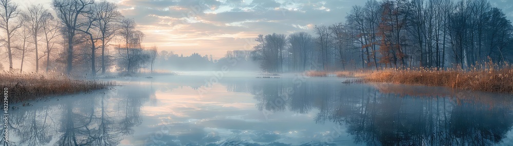 Swamp with fog at dawn flat design side view eerie morning theme water color Analogous Color Scheme