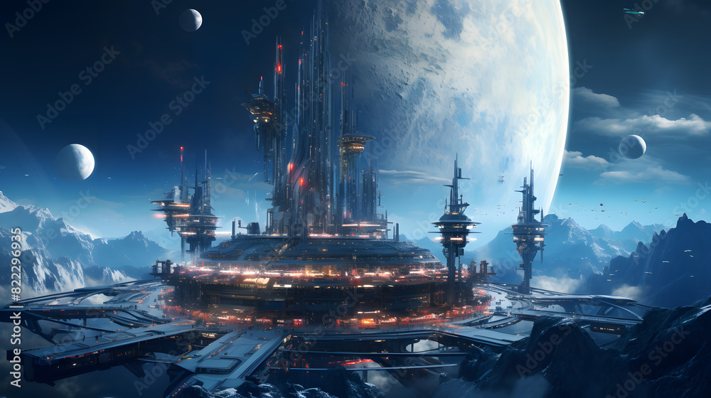 A futuristic space station orbiting a distant planet, with spaceships docked and astronauts working on various tasks