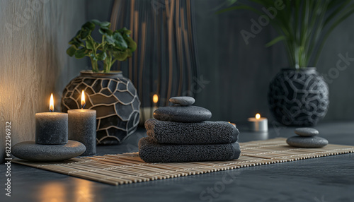 Spa Concept - Massage Stones With Towels And Candles In Natural Background