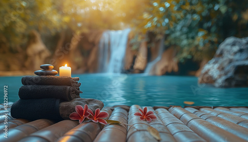 Spa Concept - Massage Stones With Towels And Candles In Natural Background photo