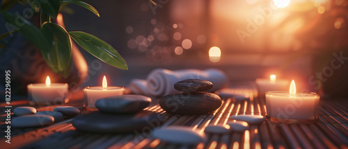 Spa Concept - Massage Stones With Towels And Candles In Natural Background photo