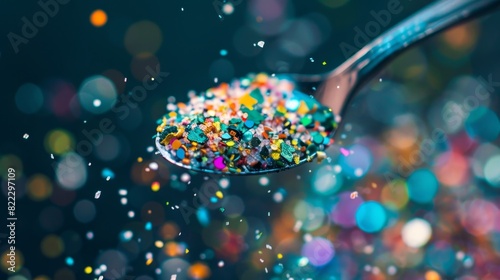 Microplastic particles on a spoon illustrating a threat to food quality