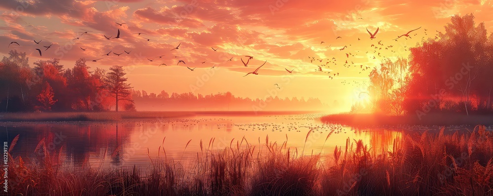 Obraz premium Swamp with migratory birds flat design side view bird watching theme 3D render Complementary Color Scheme