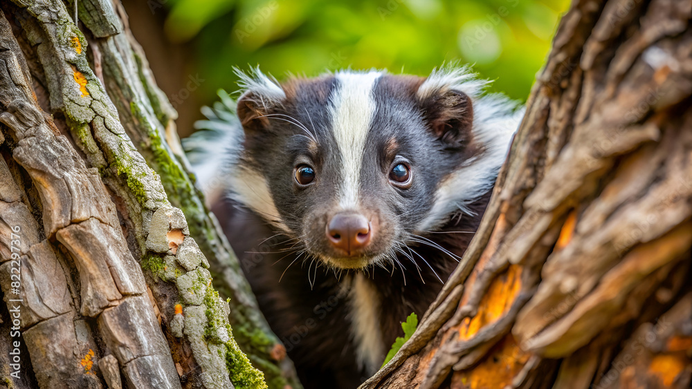 striped skunk hiding in the tree striped skunk hiding in the tree